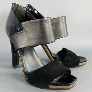 GUCCI Size 8.5 Black Gold Suede Patent Leather Ankle Sandals